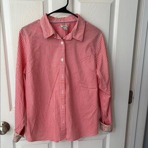 L.L. Bean cotton Gingham Shirt Reddish Pink floral rolled sleeves Sz L